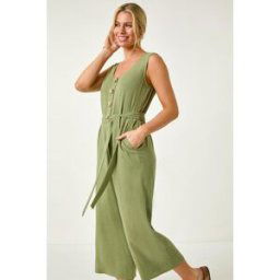 Roman Petite Linen Blend Button Front Jumpsuit 18 female