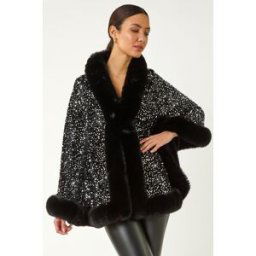Roman Faux Fur Trim Sequin Cape one size female