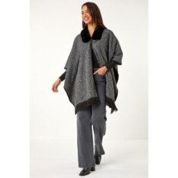 Roman Faux Fur Fringe Hem Poncho one size female