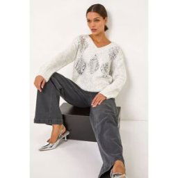 Roman Sequin Detail V-Neck Knit Jumper one size female