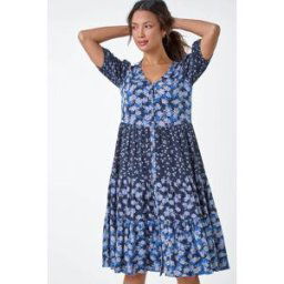 Roman Floral Cotton Blend Tiered Smock Dress 14 female