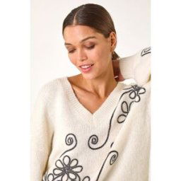 Roman Contrast Swirl Floral Knit Jumper S female