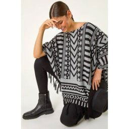 Roman Tribal Pattern Fringe Poncho Jumper S-M female