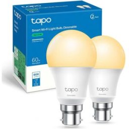 Tapo Smart Bulb B22 (2-Pack) – 8.3W Energy-Saving, Dimmable Warm White, Works with Alexa & Google Home, No Hub Required (Tapo L510B) [Energy Class F], New