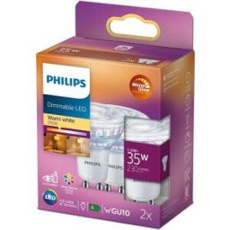 Philips LED Classic GU10 Dimmable Spotlights – 2-Pack, 2.6W (35W Equivalent), Warm Glow 2200–2700K, 220–240V [Energy Class F]