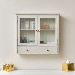 Pale Taupe Reeded Glass Wall Cabinet with Drawers Material: Home Decor & Accessories/Shelves & Storage