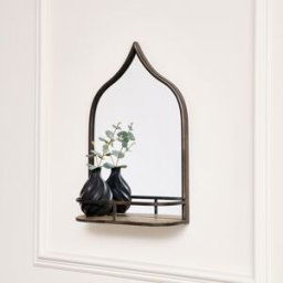 Rustic Metal Arched Mirror With Gold Shelf - 48cm x 30cm Material: Mirrors