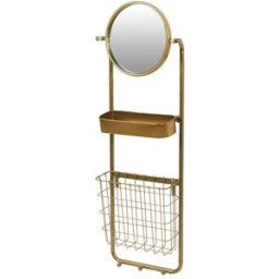 Round Gold Wall Mirror with Shelf and Wire Basket Storage 97cm x 30cm Material: Mirrors