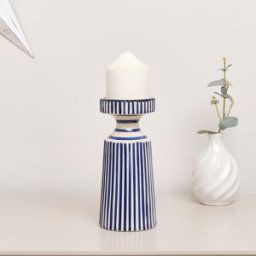 Hand Painted Blue and White Striped Ceramic Candle Holder Material: Home Decor & Accessories