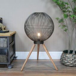 Large Round Black & Wooden Metal Wire Freestanding Lamp 65cm x 46cm Material: Home Decor & Accessories/Lighting