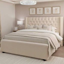 Harper Classic Luxury Beige Textured Buttoned Winged Chunky Bed, Double