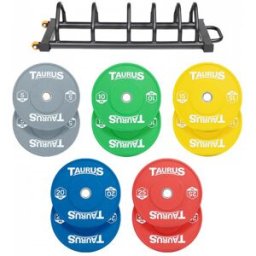Taurus Coloured Olympic Rubber Bumper Weight Plates 150kg Set with Toast Rack