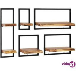 vidaXL Wall Shelf Set 5 Pieces Solid Acacia Wood and Steel