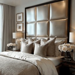 Dream Luxury Gold Satin Squares Headboard with Black Wooden Frame, Double
