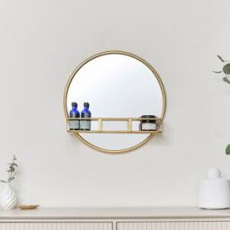 Round Gold Mirror With Shelf - 50cm x 50cm Material: Mirrors