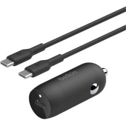 Belkin BoostCharge 30W USB-C Fast Car Charger – Compact Design with USB-C to USB-C Cable – Universal for iPhone 16/15, Galaxy S23, Note & More – Black, New