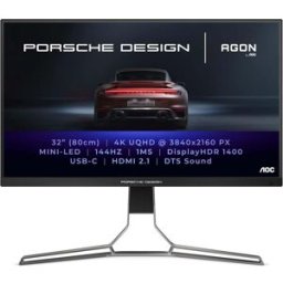 AOC AGON Porsche Design PD32M – 32-Inch 4K UHD Monitor, 144Hz, IPS, 1ms GTG, Light FX, Mini LED UHD, HDR 1400, HDMI 2.1, USB-C 3.2, DP 1.4, New