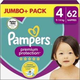 Pampers Premium Protection Size 4, 62 Nappies, 9kg - 14kg, Jumbo+ Pack, Pampers Comfort & Protection For Sensitive Skin