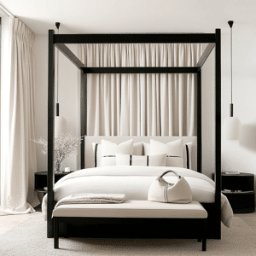 Eden Black 4 Poster Wooden Bed with Cream Velvet Headboard, Double