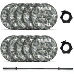 Taurus 150 kg Camo Bumper Olympic Weight Set with 20 kg Black Barbell