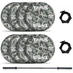 Taurus 100 kg Camo Bumper Olympic Weight Set with 20 kg Black Barbell