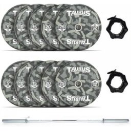 Taurus 150 kg Camo Olympic Bumper Weight Set with 20 kg Chrome Barbell