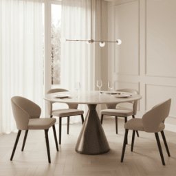 Miya Bronze Round Dining Table with Faux Beige Marble Top
