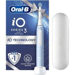 Oral-B iO 3 Ice Blue Electric Toothbrush, 1 Toothbrush Head, 1 Travel Case, Designed by Braun