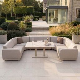 Harbour Lifestyle Luna Outdoor Fabric Curved U-Shape Sofa Set with Altura Rising Table in Fawn