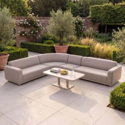 Harbour Lifestyle Luna Outdoor Fabric Large Curved Corner Sofa Set with Altura Rising Table in Fawn
