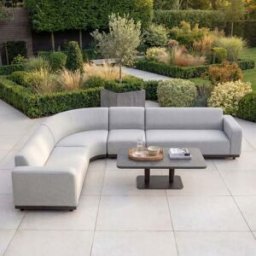 Harbour Lifestyle Luna Outdoor Fabric Large Curved Corner Sofa Set with Altura Rising Table in Oyster Grey