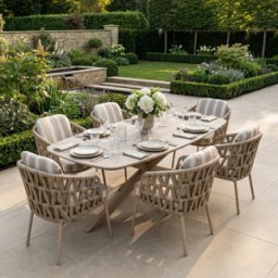 Harbour Lifestyle Madeira 6 Seat Curved Rectangular Dining Set in Striped Latte