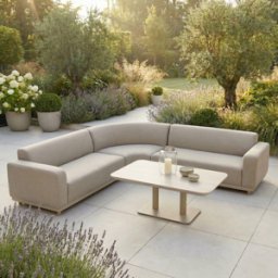 Harbour Lifestyle Luna Outdoor Fabric Curved Corner Sofa Set with Altura Rising Table in Fawn