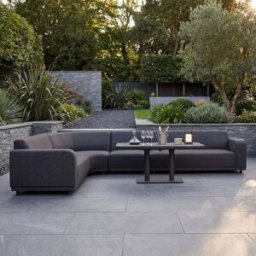 Harbour Lifestyle Luna Outdoor Fabric Large Curved Corner Sofa Set with Altura Rising Table in Grey