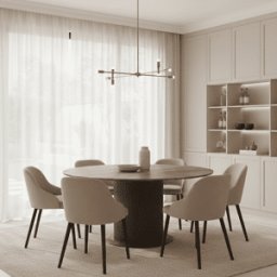 Aya Brown Ribbed Round Dining Table with Travertine Top
