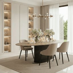 Aya Brown Ribbed Oval Dining Table with Travertine Top