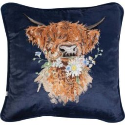 Wrendale Designs by Hannah Dale Embroidered Cushion - Daisy Coo - Highland Cow