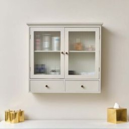 Pale Grey-Taupe Reeded Glass Wall Cabinet with Drawers Material: Home Decor & Accessories/Shelves & Storage