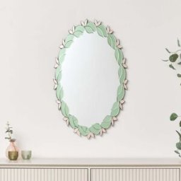 Pink & Green Oval Floral Art Deco Wall Mirror 80cm x 49cm Material: Mirrors