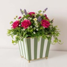 Green & White Striped Metal Planter Pot with Gold Feet - 17cm x 16.5cm Material: Garden