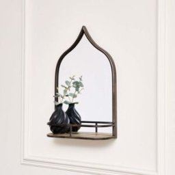 Rustic Metal Arched Mirror With Gold Shelf - 48cm x 30cm Material: Mirrors