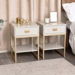 Taupe Bedside Tables with Drawer & Gold Handles (Set of 2) Melody Maison Material: Furniture/Furniture Ranges/Elle Range/Elle Stone Range
