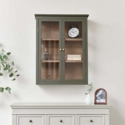 Khaki Green and Wood Wall Cabinet with Clear Glass Front 70cm x 90cm Material: Furniture/Wall Cabinets & Shelving