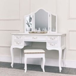 Antique White Dressing Table Desk with Triple Mirror and Stool - Pays Blanc Range Material: Furniture/Furniture Ranges/Pays Range