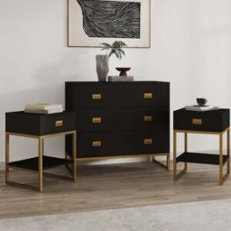 Large 3 Drawer Chest of Drawers and Pair of Bedside Tables - Elle Black Range Material: Furniture/Furniture Ranges/Elle Range/Elle Black Range