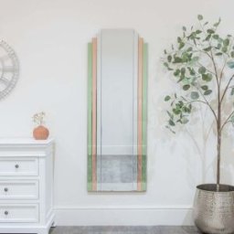 Large Frameless Pink & Green Glass Art Deco Wall Mirror 52cm x 142cm Material: Mirrors