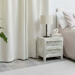 Boho Rustic White Washed Wooden Carved 2 Drawer Bedside Table Material: Furniture/Bedside Tables