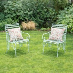 Set of 2 Ornate Metal Sage Green Garden Chairs - 55cm x 92cm Material: Garden