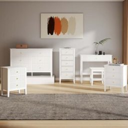 6 Drawer Chest of Drawers, Tall 5 Drawer Bedside Table, Pair of 3 Drawer Bedside Tables and Dressing Table Set - Hales White Range Material: Furniture/Furniture Ranges/Hales Range/Hales White Range