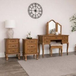 Wooden Dressing Table Desk with Triple Mirror and Stool & Pair of 3 Drawers Bedside Tables - Pays Du Bois Range Material: Furniture/Furniture Ranges/Pays Range/Pays Du Bois Range